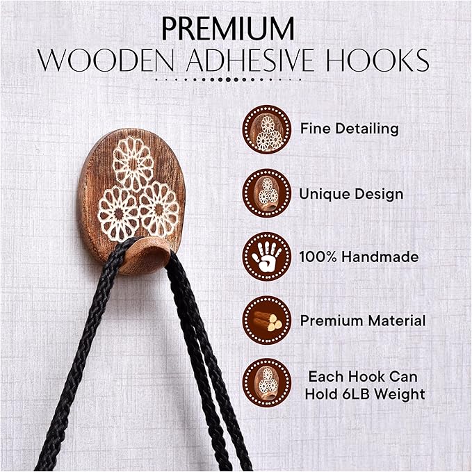 IndianShelf 6 Lb- 24 Pieces Decorative Wood Adhesive Wall Hooks–Boho Peel and - Image 5