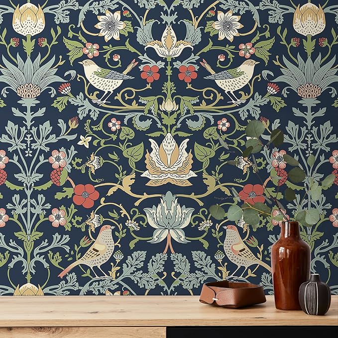 FunStick Navy Blue Floral Wallpaper Peel and Stick Vintage William Morris Green - Image 8