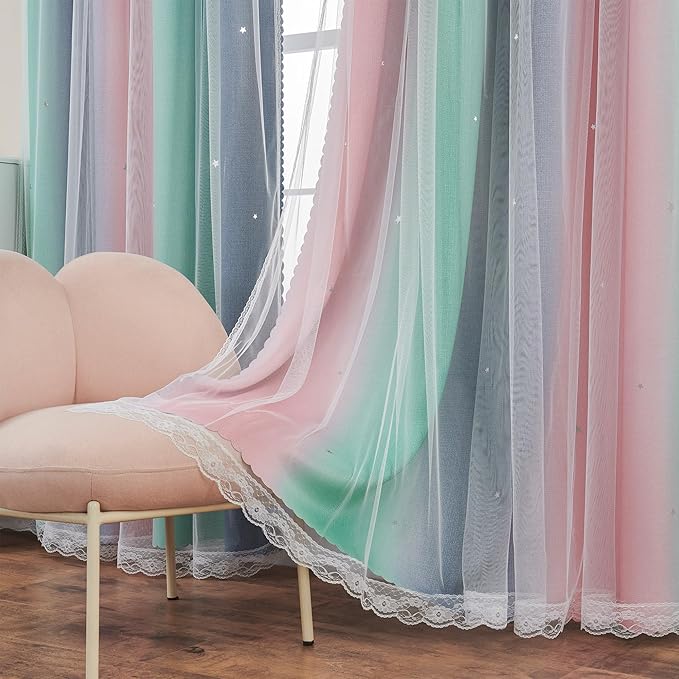 XiDi Curtains for Bedroom Decor, Rainbow Pinkgreen grey52/96 - Image 6