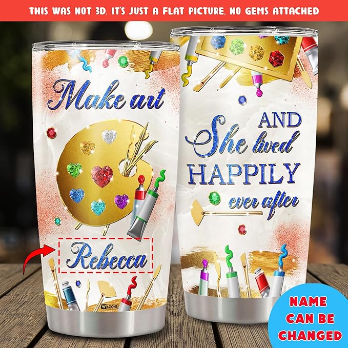 WAZONE Personalized Make Art And She Lived Happily Ever After Stainless Steel Tumbler 20oz 30oz Insulated Cup Travel Mug Customized Gift Cool For Girl Painting Lover Painters Artists Teachers