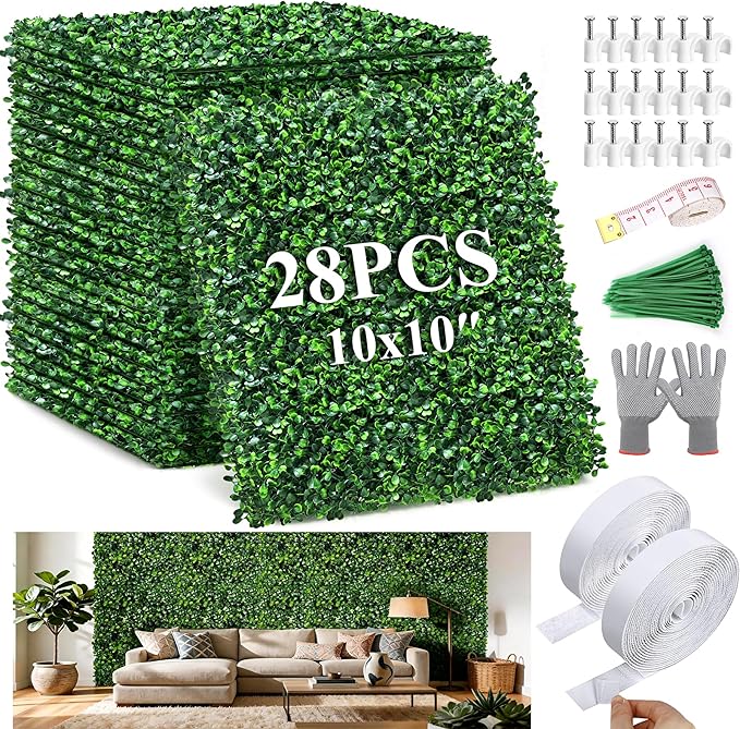 28Pcs Artificial Grass Wall Panels 10" x 10" Faux Boxwood Green Wall UV by Unknown
