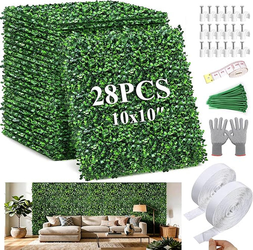 28Pcs Artificial Grass Wall Panels 10" x 10" Faux Boxwood Green Wall UV by Unknown