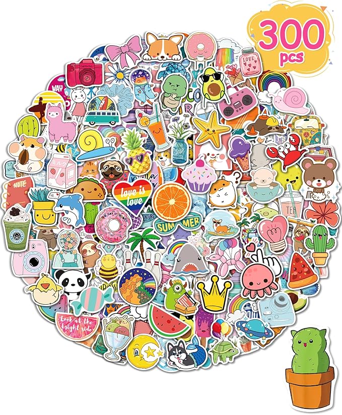 Sticker for Water Bottles, 300 Pcs/Pack Cute Vinyl Waterproof Vsco Laptop Stickers for School Students Gifts Classroom Teachers Prizes Stocking Stuffers Stickers for Kids Teens Girls