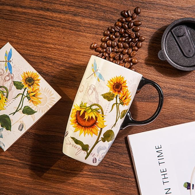 Topadorn Ceramic Mug Sunflower Coffee Cup with Gift Box Latte Mug with Lid, 17oz. Sunflower and Dragonfly