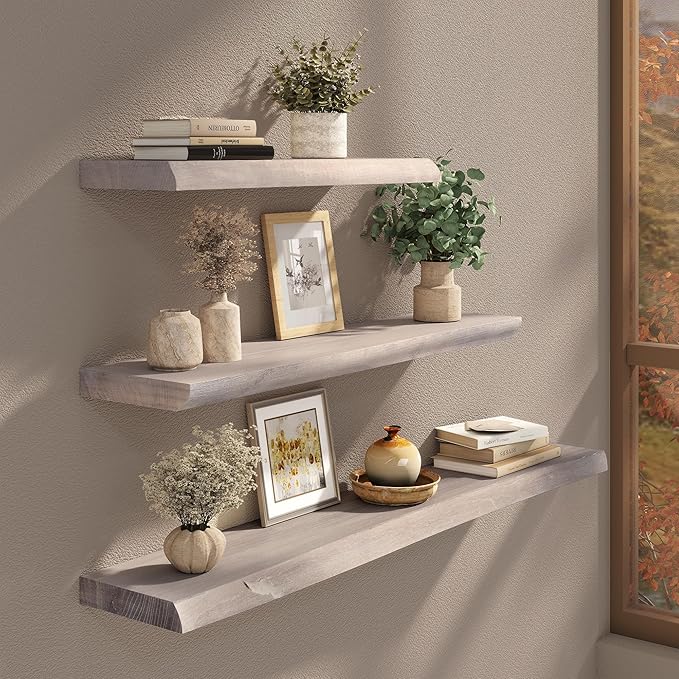 Live Edge Floating Shelves Set of 2, 24 Inch Solid Elm Wood Wall Shelves - Image 2