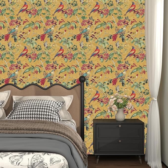Vintage Floral Bird Wallpaper Peel and Stick, Boho Yellow Contact Paper - Image 5