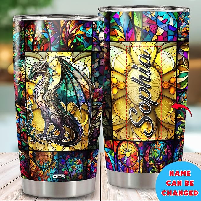 WAZONE Personalized Dragon Tumbler With Lid Customized Name Drawing 20oz 30oz Double Wall Vacuum Stainless Steel Insulated Cup Travel Mug Gift Birthday Christmas for Dragons Lovers Woman Man