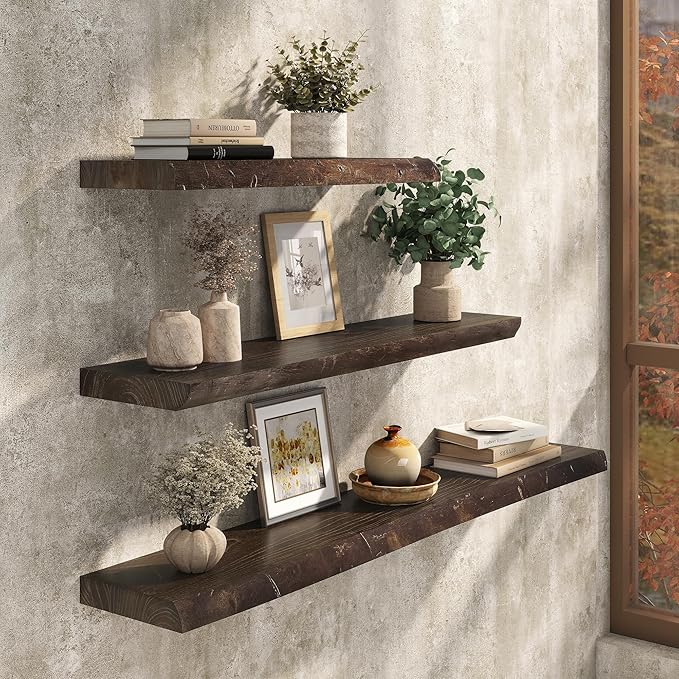 Floating Shelves Set of 2, Solid Elm Wood Wall Shelves 32 Inch - Image 2
