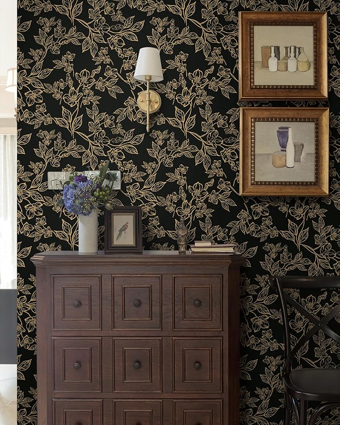 Ismoon Peel and Stick Wallpaper Black and Gold Stick on Wallpaper Dark Floral - Image 6