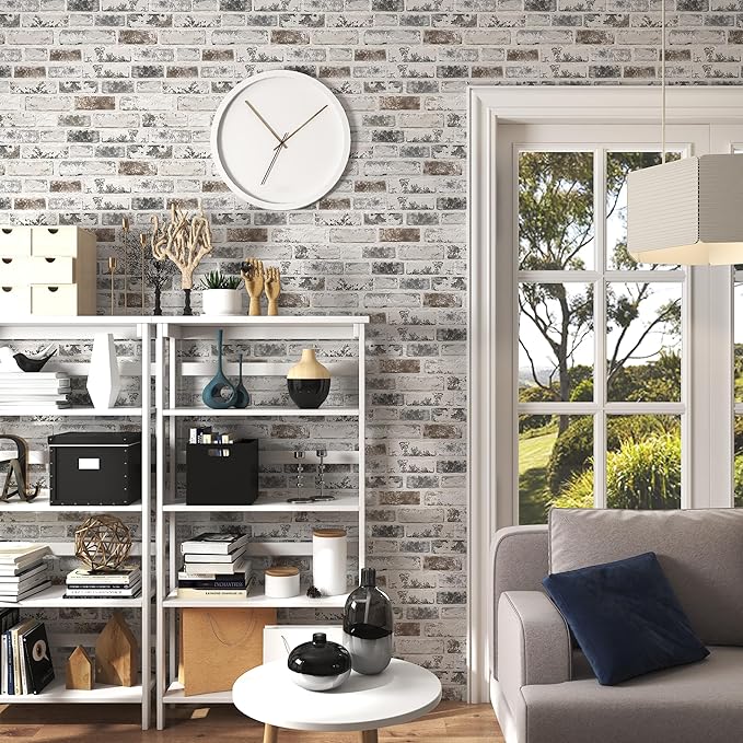 Brick Wallpaper Peel and Stick Wallpaper 17.3"x590" Grey and White 3D Brick - Image 4