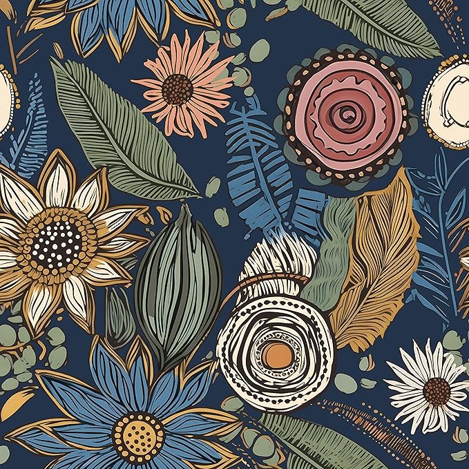 Blue Wallpaper Peel and Stick, Vintage Boho Floral Contact Paper 17.5" x 118" by Laatse