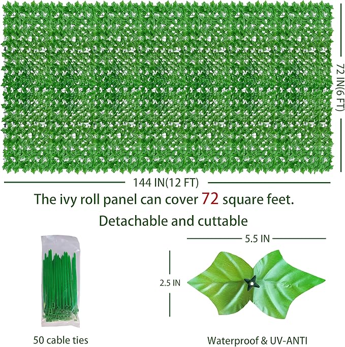 ODTORY Artificial Ivy Privacy Fence Wall Screen: 72 X144 in UV-Anti Faux - Image 2